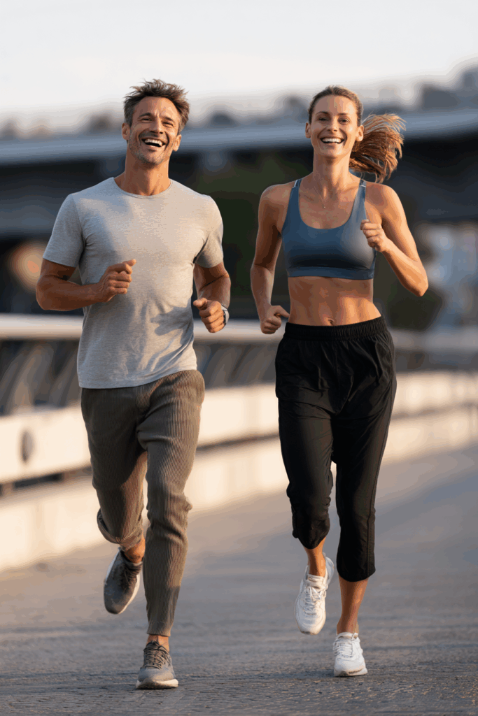 Healthy couple running outdoors, smiling after weight loss and anti-aging treatments at Royal Medical Center